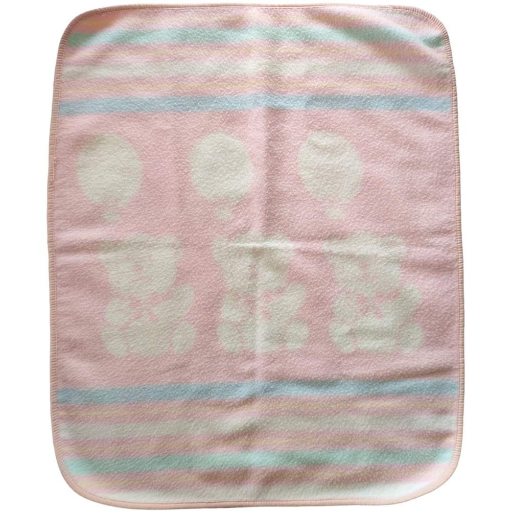 Vintage Beacon Pink White Teddy Bear Balloon Baby Blanket Pastel Stripe WPL 1675